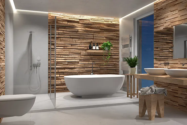 Schönes Badezimmer mit Badewanne und durchsichtige Duschenkabine